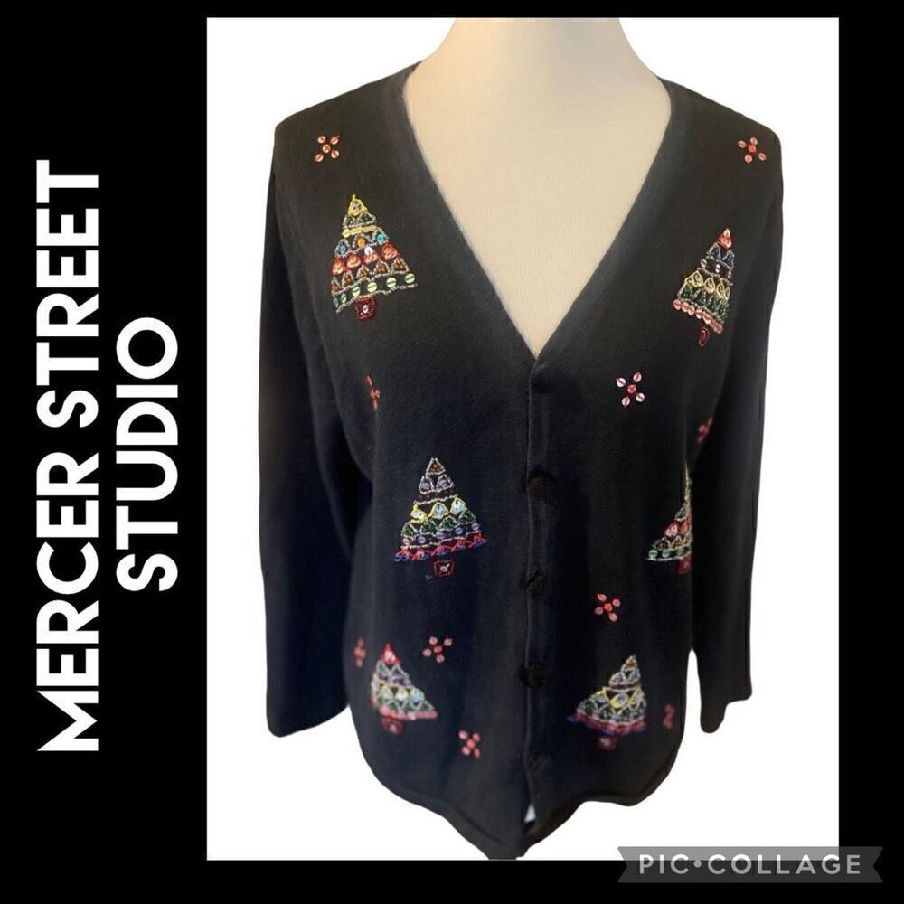 Mercer Street Studio Hand Embroidered Christmas Vintage Black Button Down Cardig